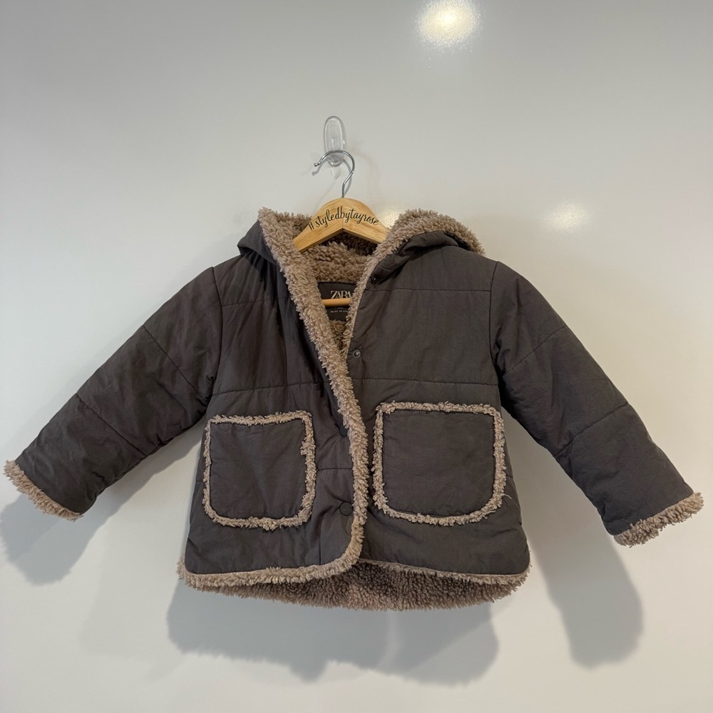 Zara Toddler Kids Brown Furry Fleece Jacket with Tan Trim